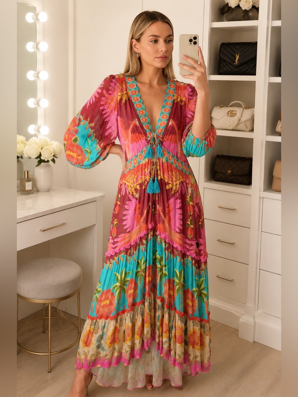 FARM RIO Anthropologie Colorful Tropical Long Sleeve Maxi Dress - Picture 5 of 7